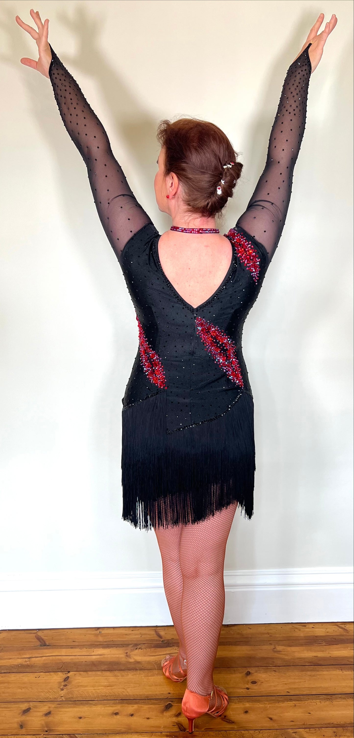 283 Black & Fuschia Pink Latin Dance Dress. Black Fringe detailed skirt design. Stoned in Red, Red AB & Jet. High back to wear own bra if needed.