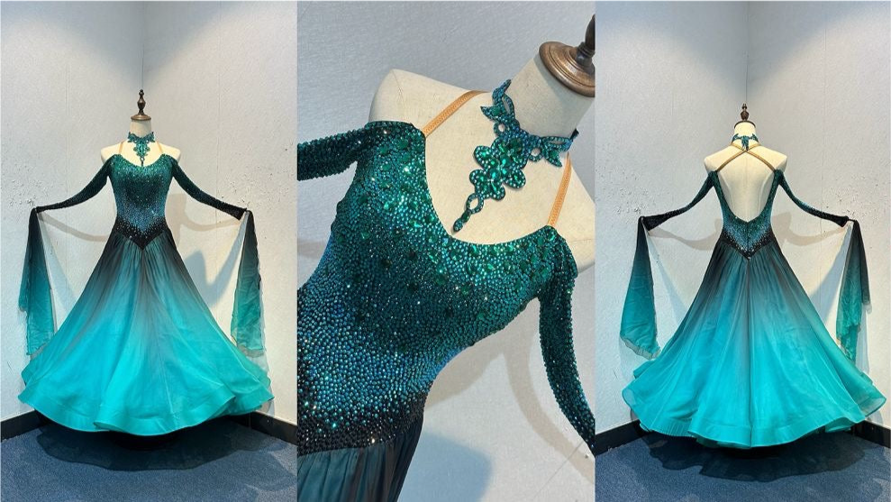 62B TWD ELITE - PETITE Competition Ballroom/Sequence Dance Dress. Heavily stoned with Ombré stone effect. Teal & Black Ombre Chiffon. New Fuller Skirts & Underskirts. Detachable floats at wrists. ❤️Showroom Appointments Available❤️