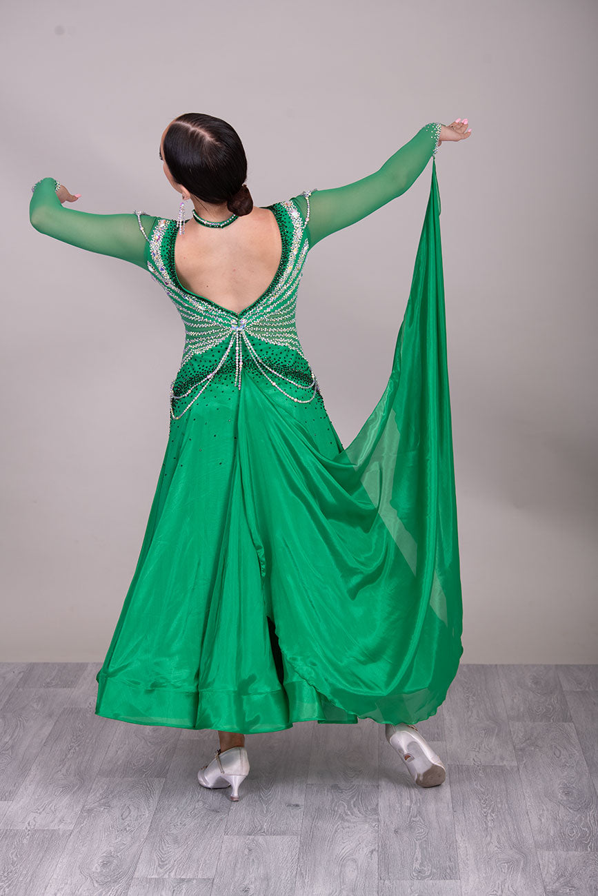 48B TWD “PETITE” Green Competition Ballroom Dance Dress. Beautiful hanging strap detail throughout. Stunning bodice design in AB & Emerald. ❤️Showroom Appointments Available❤️