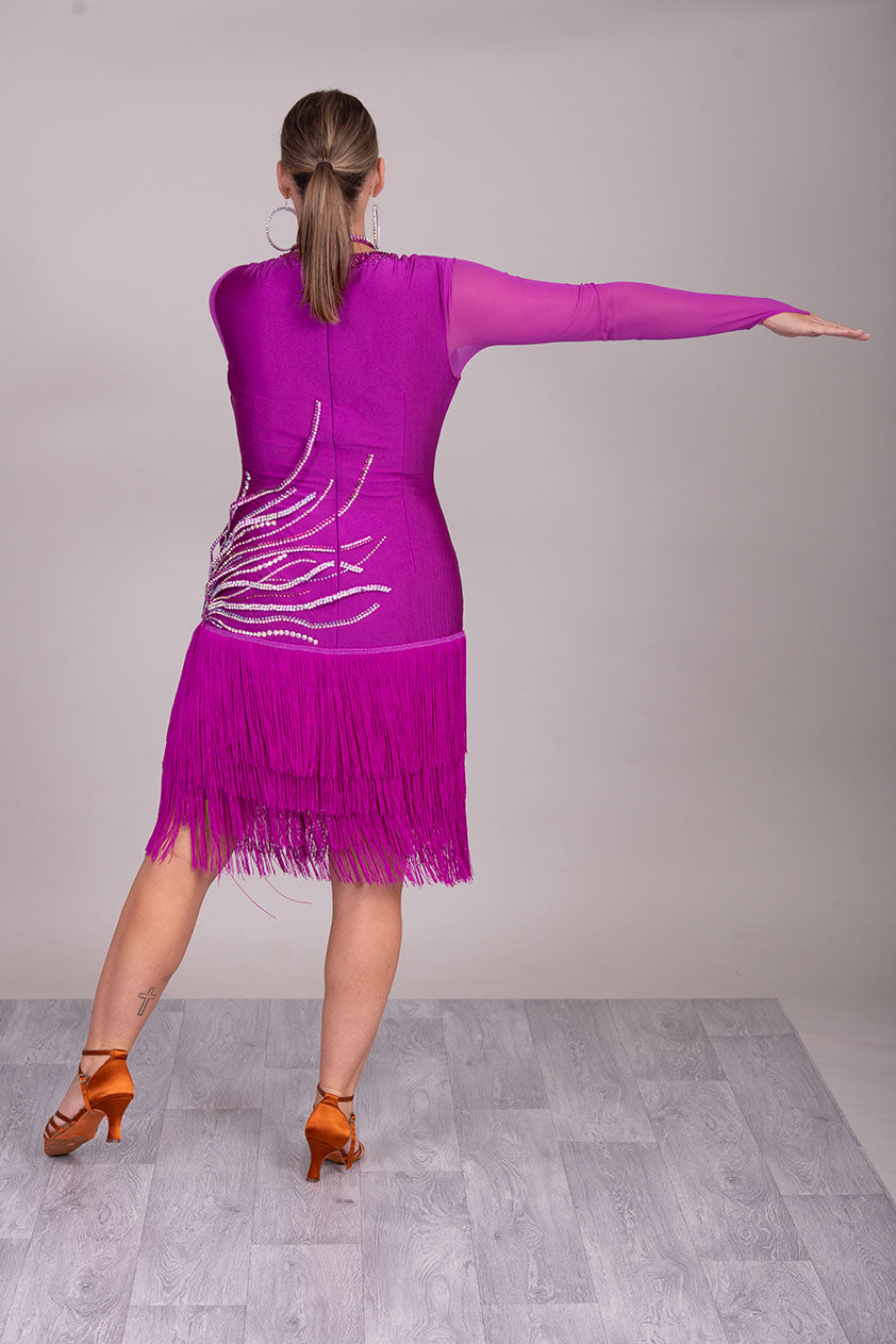 123L Hot Magenta Competition Latin Dance Dress. Flattering Hip Design with full back for option of wearing own Bra & full fringed skirts.