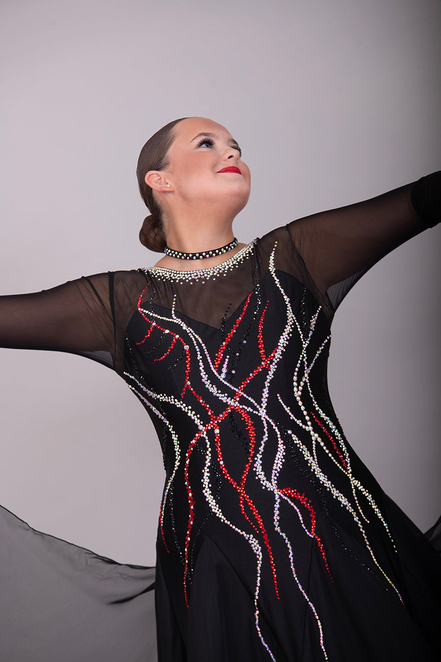 09B Black Ballroom/Sequence Competition Dance Dress. Stoned in Black, AB & Siam. Flesh Lycra under black mesh to Back & upper chest to allow option of wearing own Bra