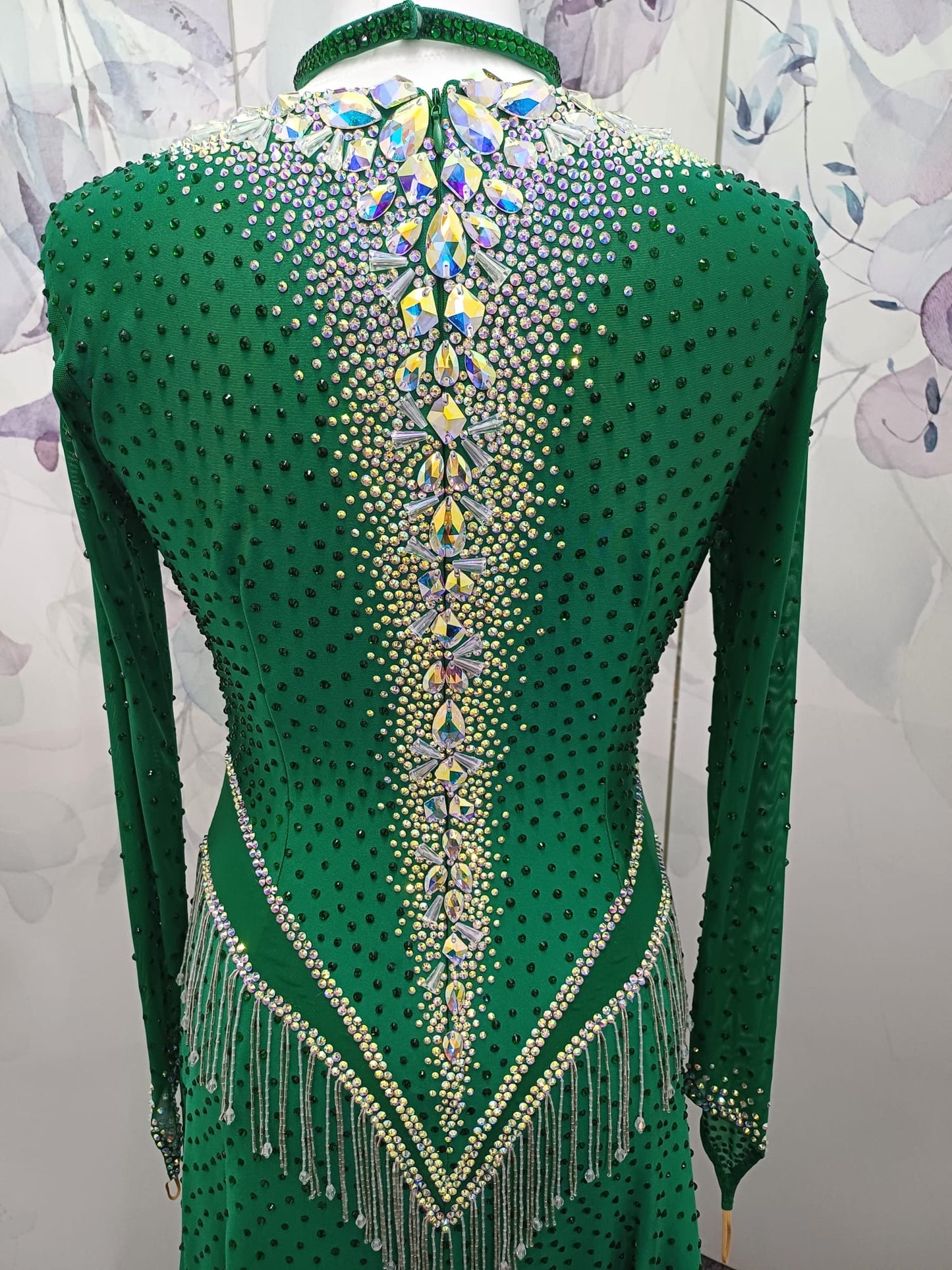 113L Jade Green Competition Latin Dance Dress. Super Full skirts. Heavily stoned in a very flattering design in AB & Emerald with Bead droppers.  High Back to give option of wearing own bra