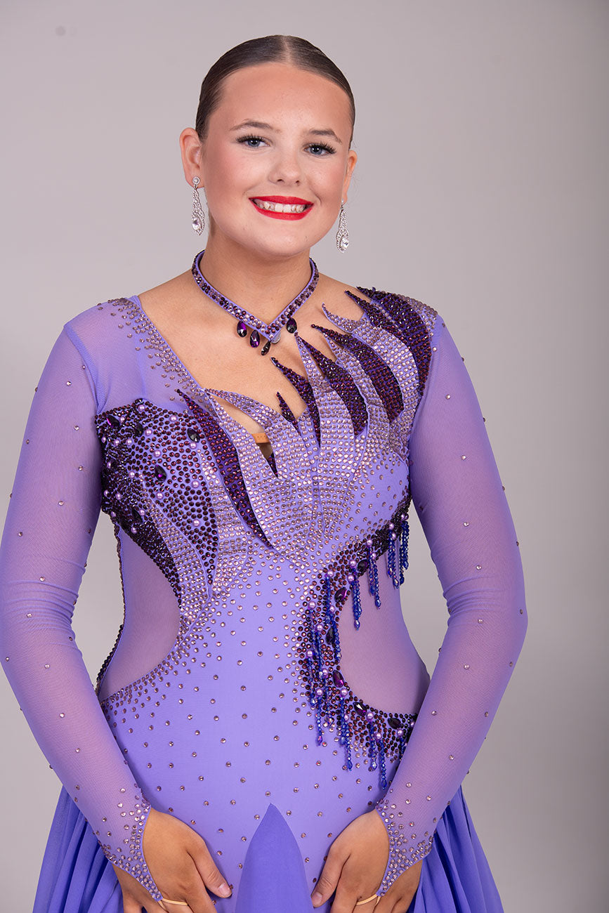 128 Lilac Ballroom Dress with detachable floats. Detailing to the front chest & Back stoned in Amethyst, Light Amethyst & Purple