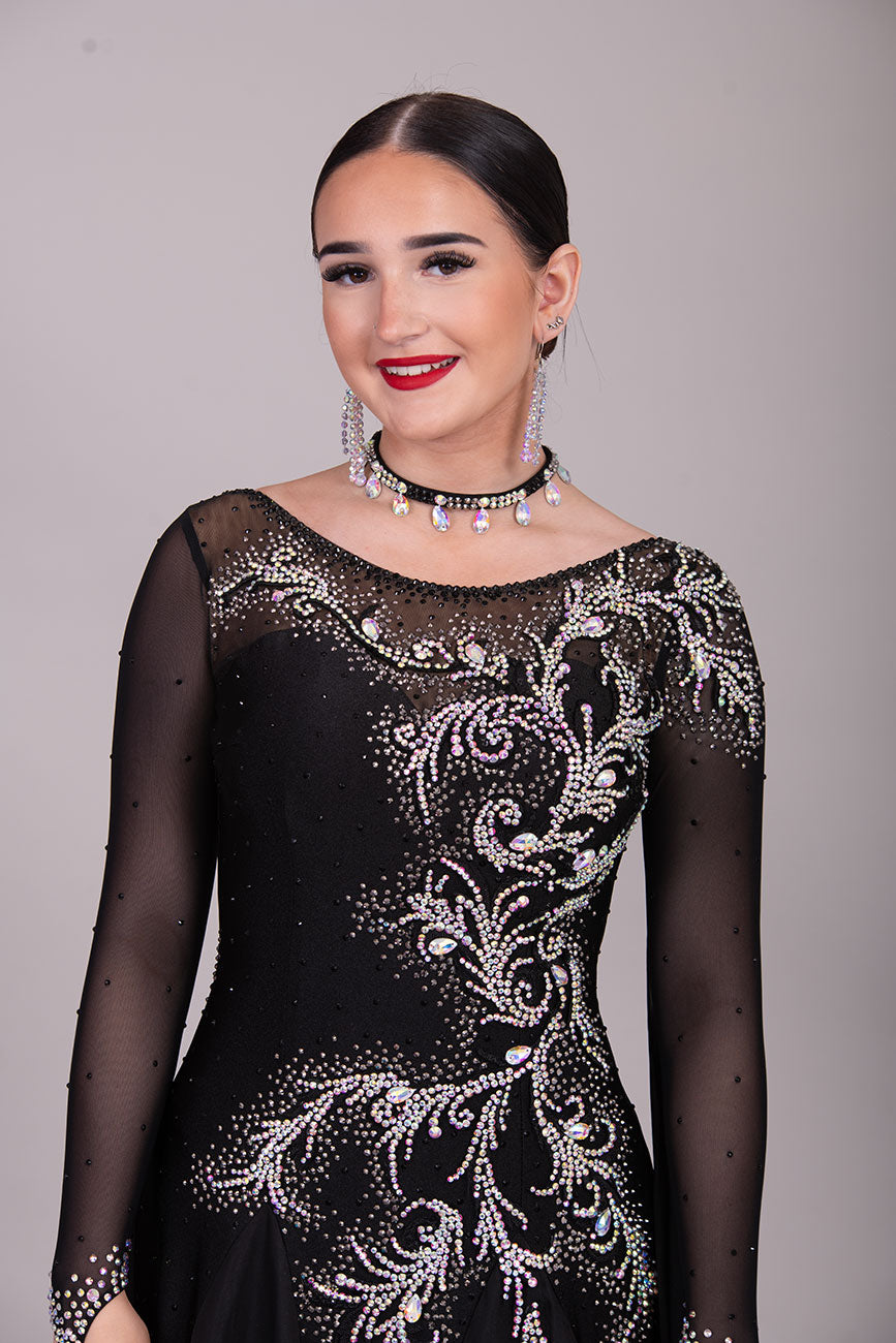 42B TWD PETITE Black Competition Ballroom/Sequence Dress. Striking Motif & Stone Design all over. 
Heavily Stoned in AB & jet❤️Showroom Appointments Available❤️