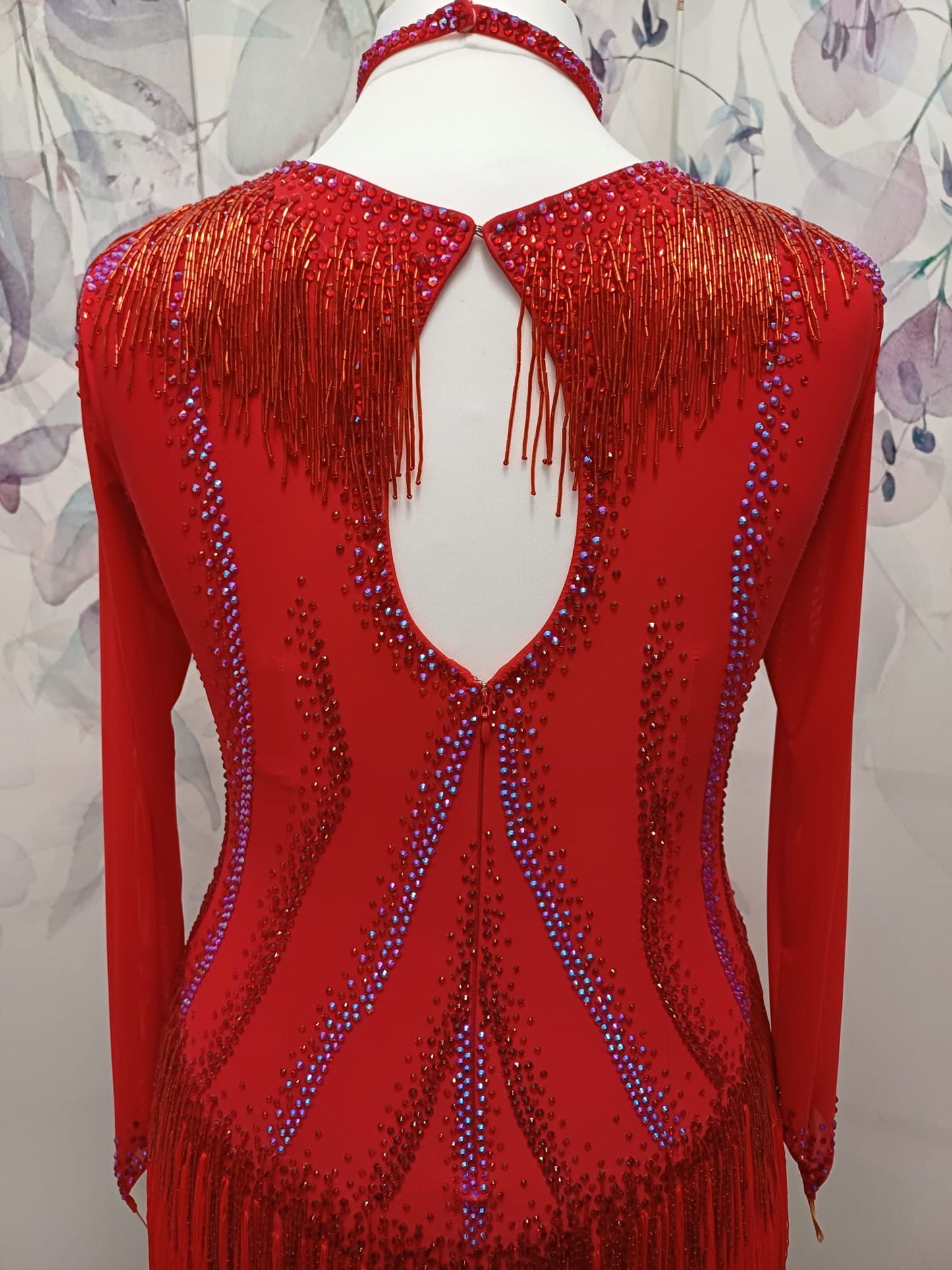 01170 Red Competition Latin Dance Dress. Red Fringe & Bead Droppers heavily stoned in Siam & Siam AB with Keyhole back feature