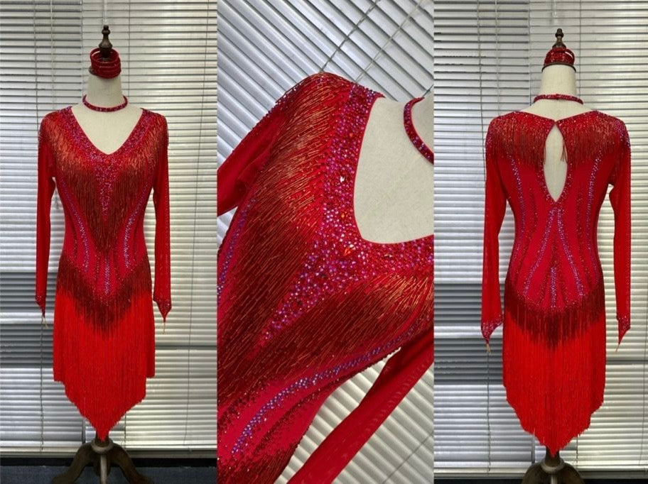 01170 Red Competition Latin Dance Dress. Red Fringe & Bead Droppers heavily stoned in Siam & Siam AB with Keyhole back feature