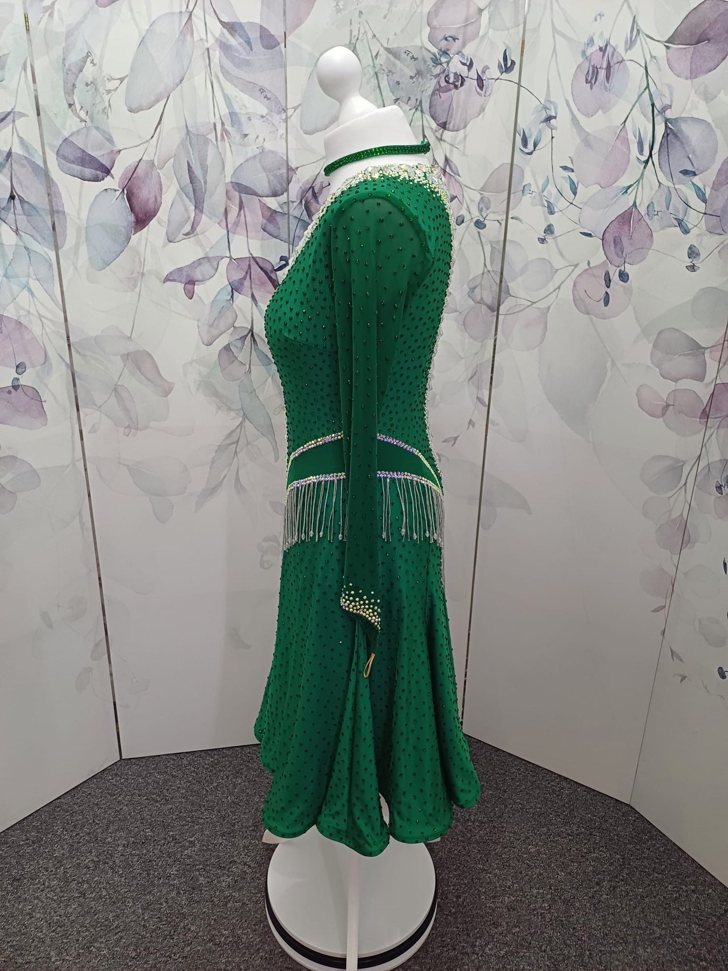 113L Jade Green Competition Latin Dance Dress. Super Full skirts. Heavily stoned in a very flattering design in AB & Emerald with Bead droppers.  High Back to give option of wearing own bra