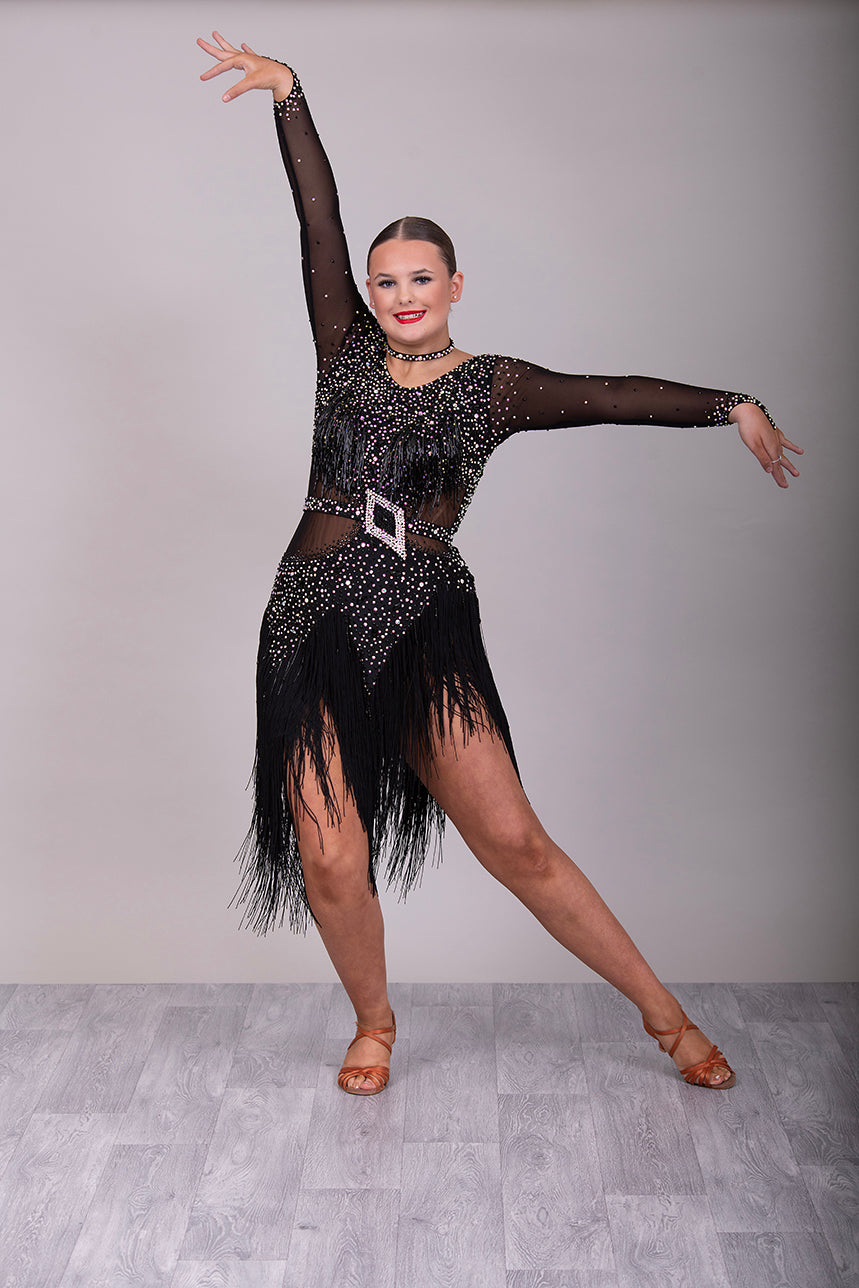 19L Black Latin/Rhythm Competition Dance Dress. Heavily stoned in black & AB with optional Belt. Bead droppers to the chest area and fringe shaped skirt