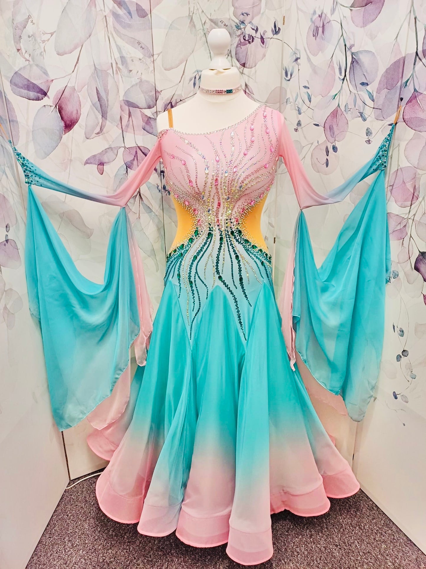 01130 Light Aqua & Baby Pink Ombre Competition Ballroom Dance Dress. Stone with AB & Fuschia. Detachable floats