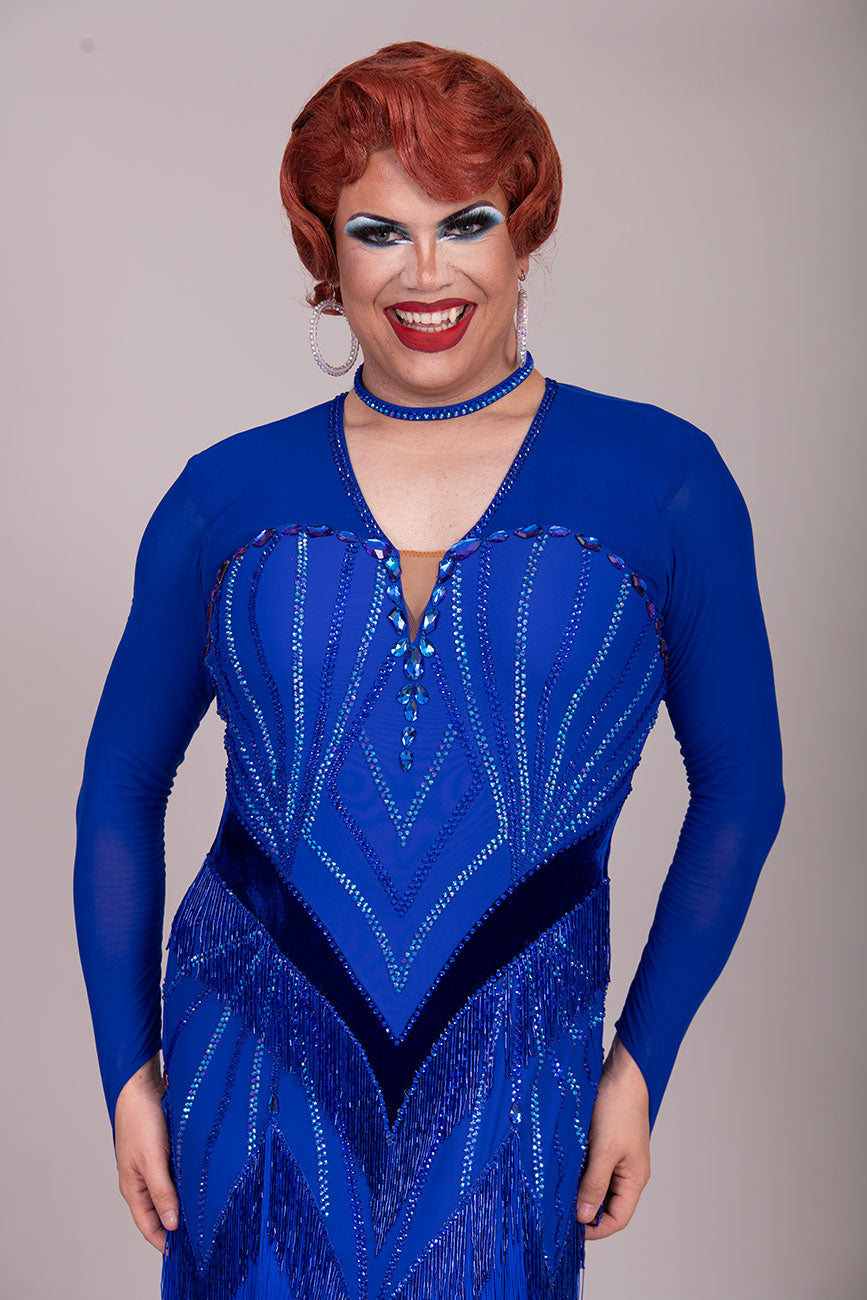 119L TWD ELITE Royal Blue Latin Competition Dance dress. Absolutely Stunning stoned in Sapphire & Light Sapphire with bead dropper fringe and tassel fringe for maximum movement.