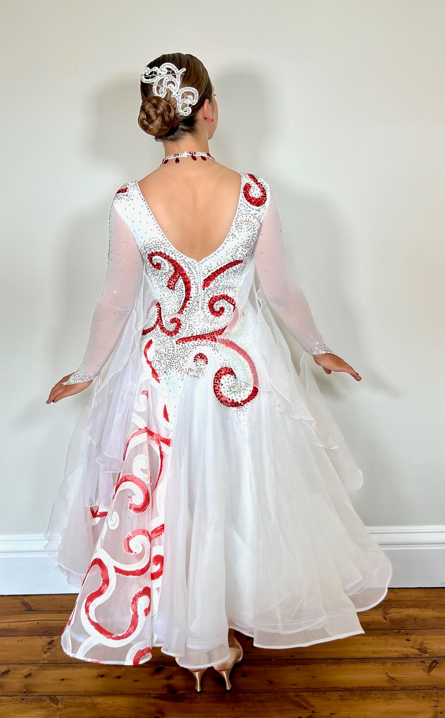 326 White & Red Tie Dye Detailed Ballroom Dress. Decorated with Siam and AB Stones with organza floats.