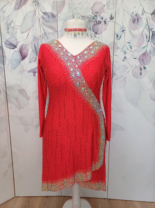 305 Striking Rich Red Latin Competition Dance Dress. Very Flattering style Dress. Red bead droppers all over with Siam stones. Heavily decorated with AB