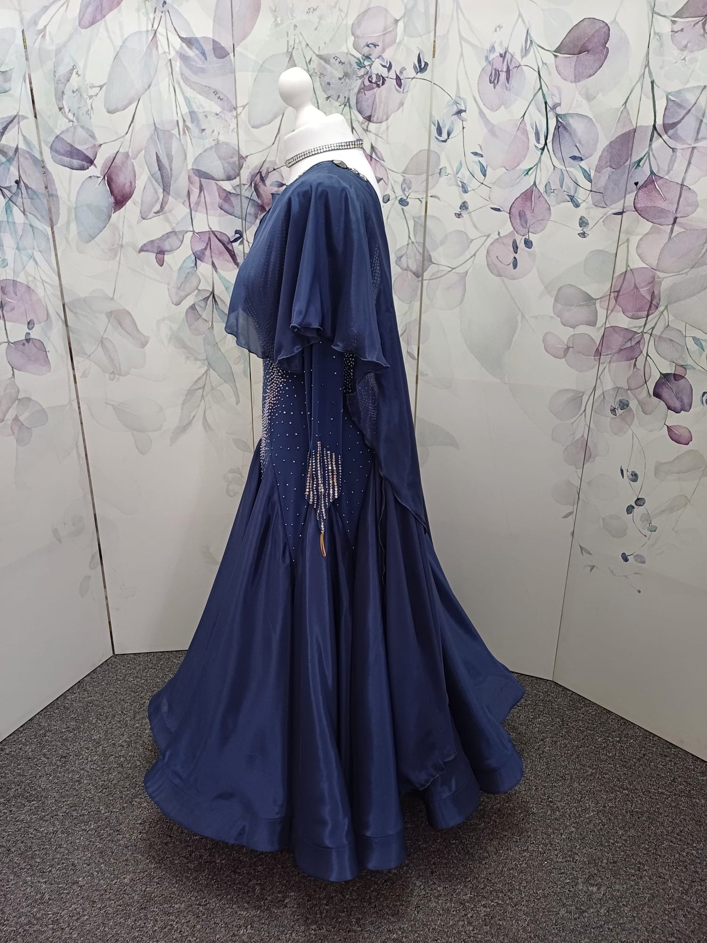 20B Blue/Grey/Steel Coloured Ballroom/Sequence Competition Dance Dress. Cape Detail to front & Shoulders. Stoned in Crystal & Blue Lotus Purple
