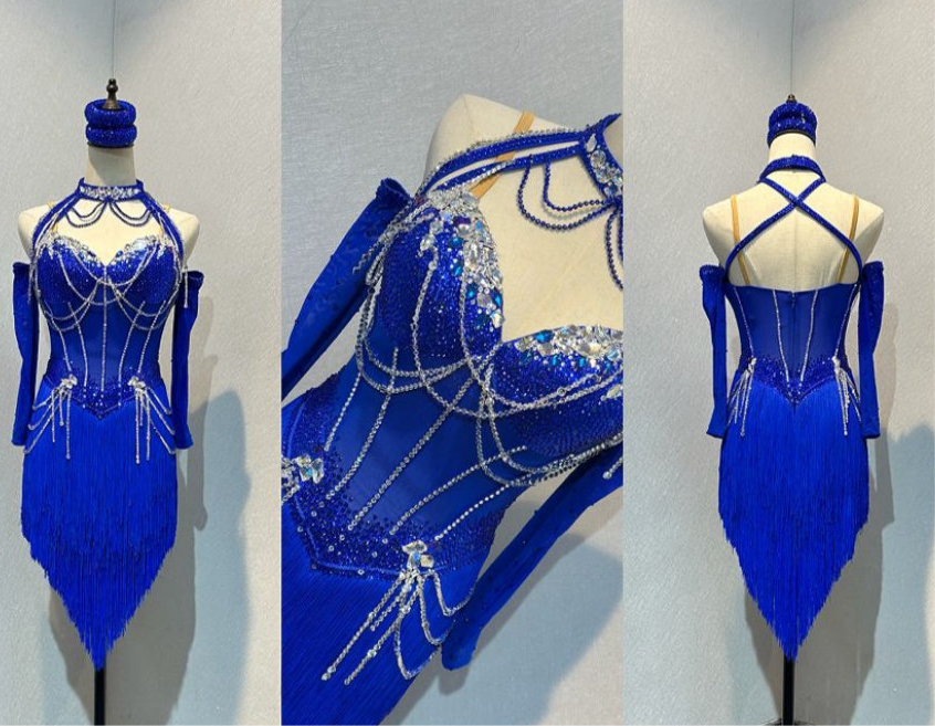 55L TWD ELITE Cobalt Blue Competition Latin Dance Dress. Stunning detailing throughout. Heavily stoned in Sapphire & AB. Cones with Stoned gloves & Accessories. ❤️Showroom Appointments Available❤️