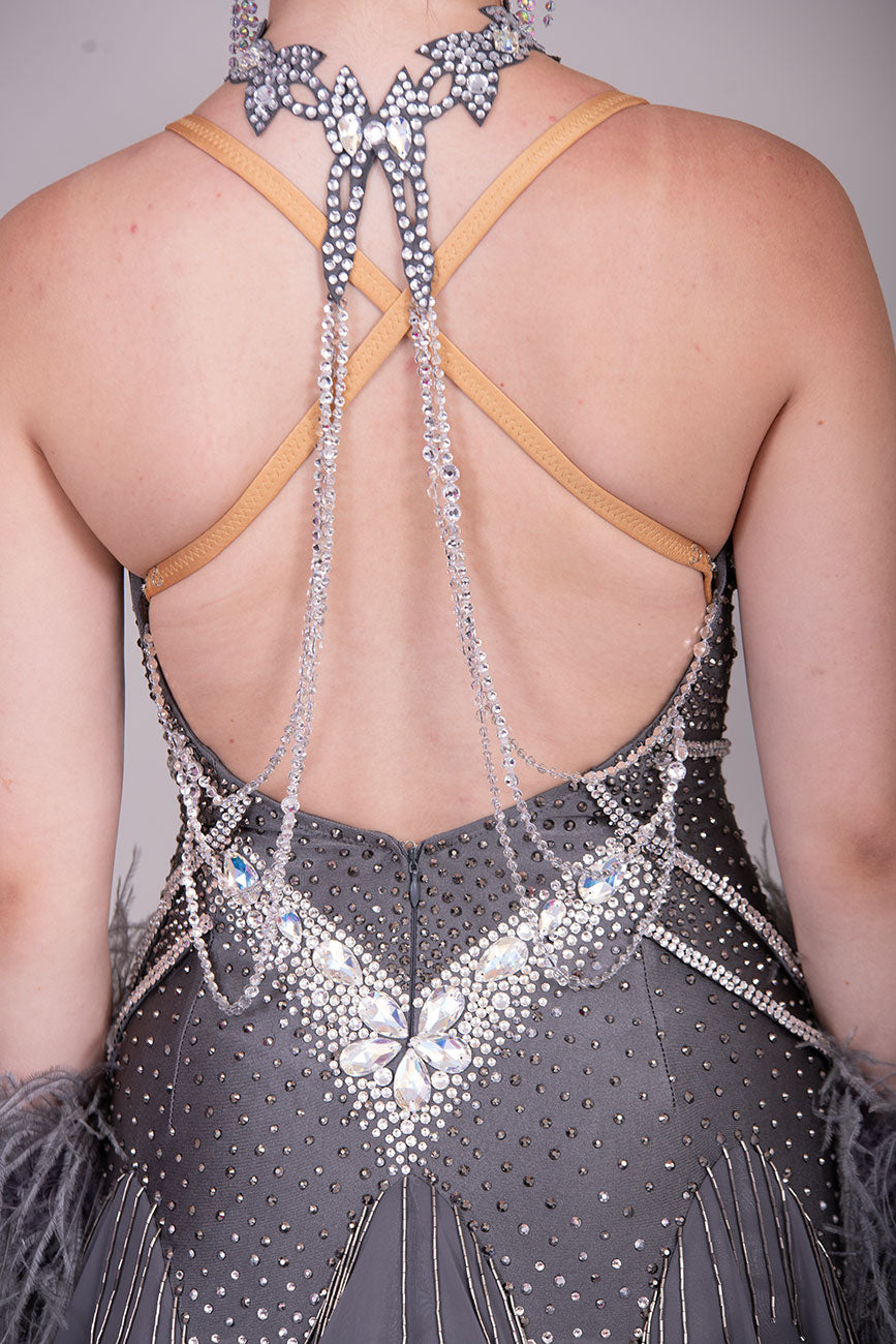 22B “TWD ELITE” New Fuller Skirts/Underskirts Pale grey Ballroom/Sequence Competition Dance Dress. Stunning stone design in Crystal with 3D features to the upper bodice and sides. Detachable Ostrich feather Floats with hanging back detail.