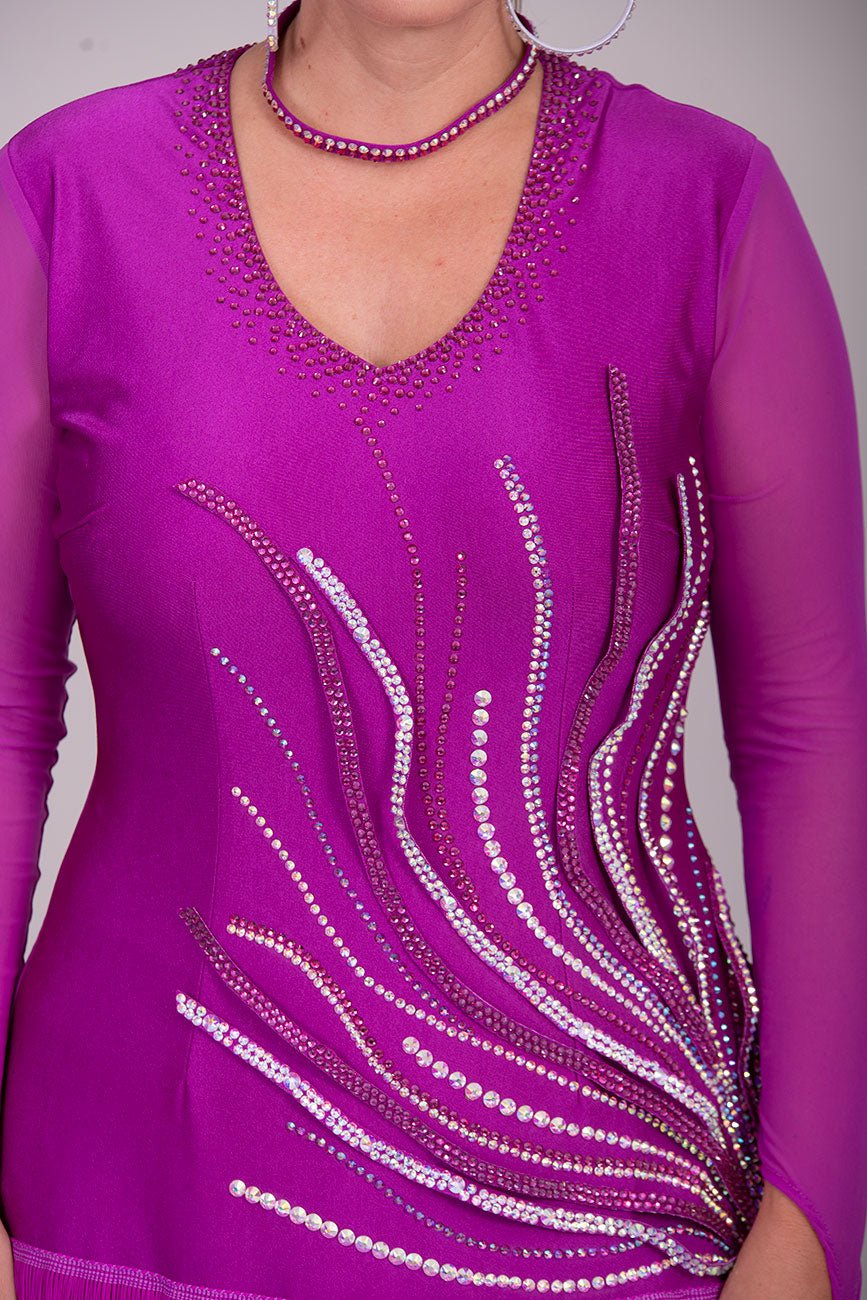 123L Hot Magenta Competition Latin Dance Dress. Flattering Hip Design with full back for option of wearing own Bra & full fringed skirts.
