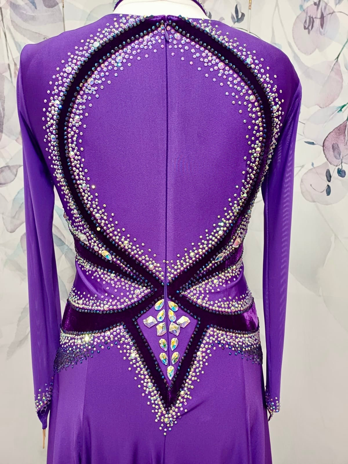 041 Cadbury Purple Competition Latin Dance Dress. Deep purple contrast pattern heavily stoned in AB & Amethyst AB. Bold & Flattering design. Full skirt giving maximum movement.