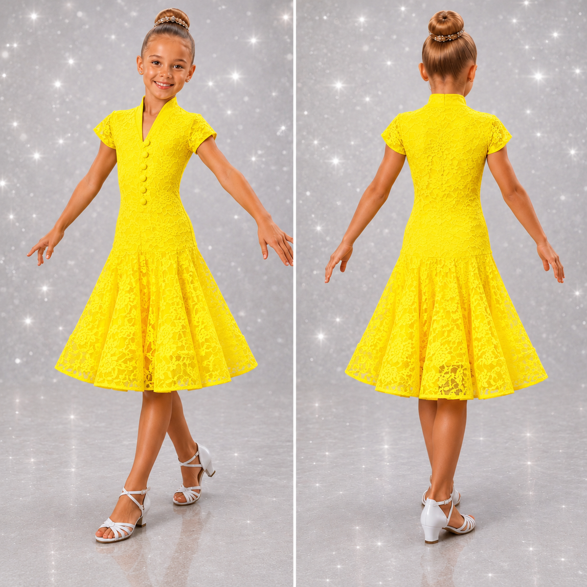 145J Yellow Lace 1 Piece Latin Dress Competition Number Wallet & Decorative Pins & Matching Hair Flower **Everything included in Price when full set purchased**