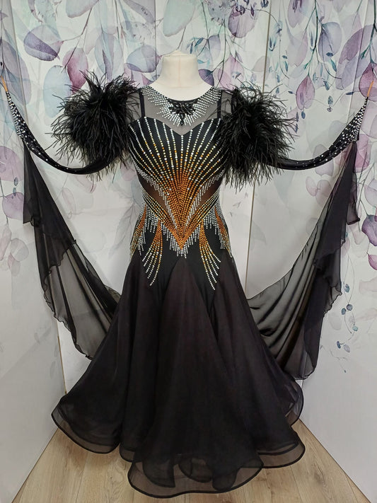 0013 Black Ballroom Dance Dress. Stoned in AB & Topaz. Detachable floats with optional ostrich feather cuffs.