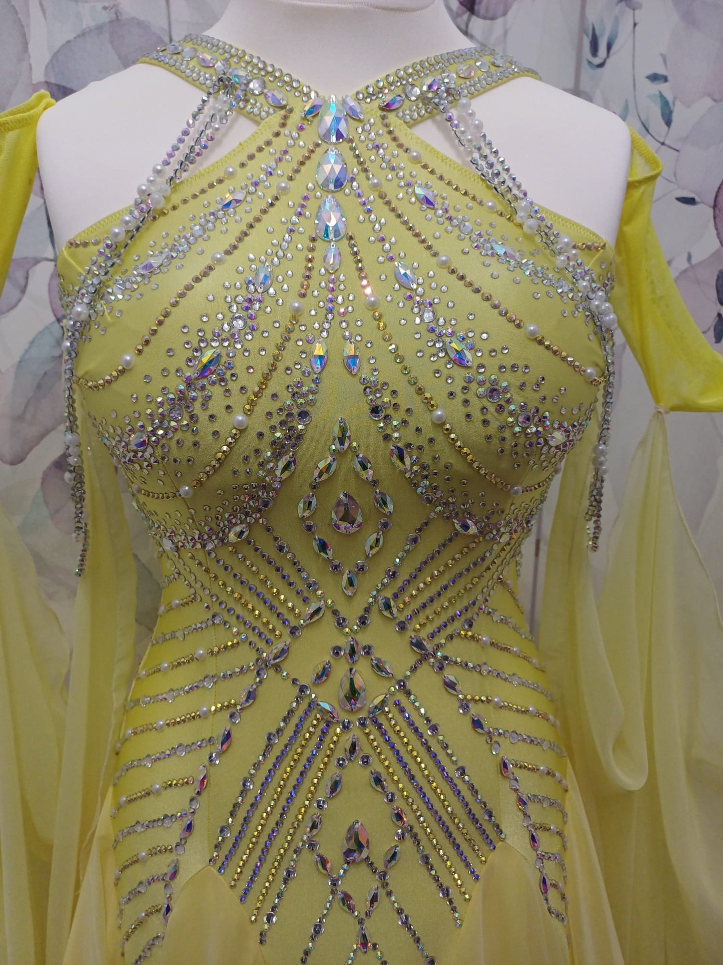 01210 Lemon Competition Ballroom Dance Dress. Beautifully stoned in AB, Night Starry Sky & Sunlight