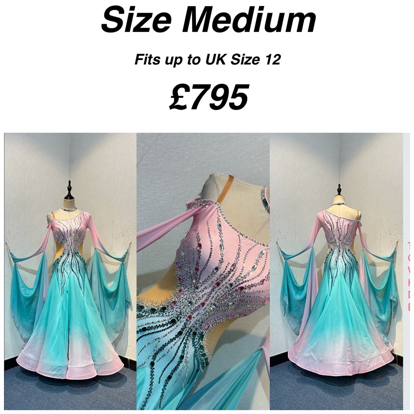 01130 Light Aqua & Baby Pink Ombre Competition Ballroom Dance Dress. Stone with AB & Fuschia. Detachable floats