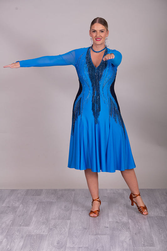 120L Light Royal Blue Competition Latin Dance Dress. Bead dropper detail to the front & Back with full back giving option to wear own Bra. Super Full Skirt for Maximum movement.