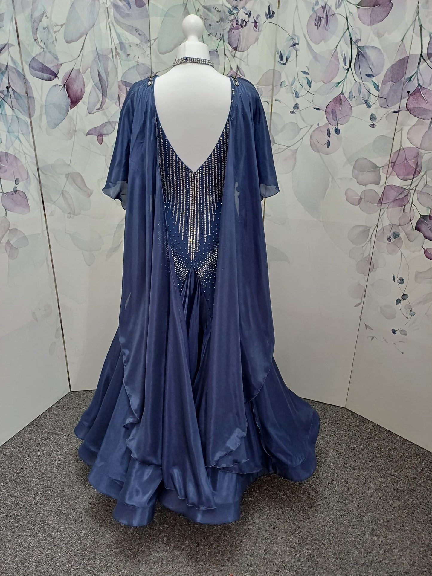 20B Blue/Grey/Steel Coloured Ballroom/Sequence Competition Dance Dress. Cape Detail to front & Shoulders. Stoned in Crystal & Blue Lotus Purple