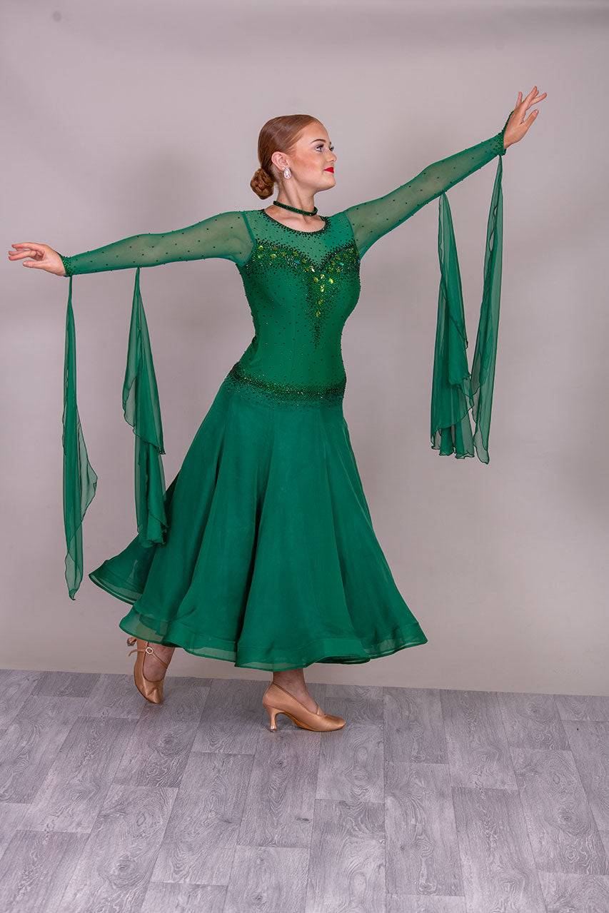 45B TWD PETITE Emerald Green Competition Ballroom/Sequence Dress. Hanging detail to the back. Heavily Stoned in Emerald  ❤️Showroom Appointments Available❤️
