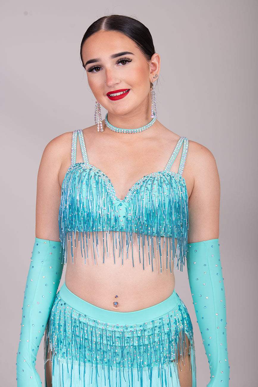 (BUDGET)14 Aqua 2 piece Stunning Colour Competition Latin Dance Dress. Bead droppers on the bra top & skirt has beads & fringing. Separate gloves with fingers to finish this look.
