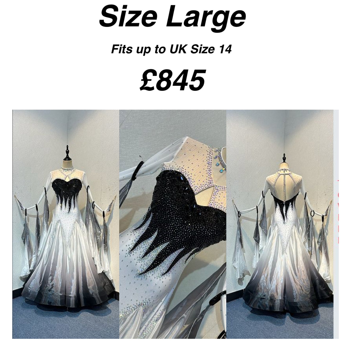 01140 Black & White Ombre Competition Ballroom Dance Dress Pale Mint heavily stoned with AB & Jet. Detachable Floats.