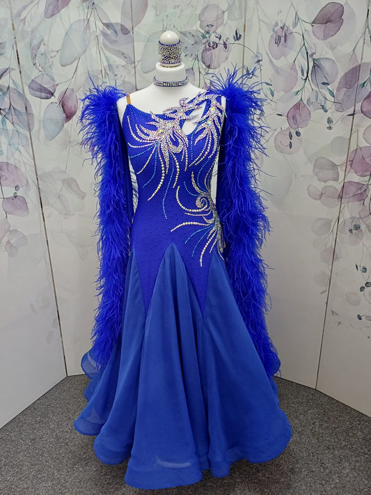 71B Cobalt Blue Competition Ballroom Dance Dress. Heavily decorated in Sapphire & AB. Detachable Ostrich Feather floats. ❤️Showroom Appointments Available❤️