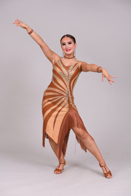 116 Coffee & Tan Latin Dress. Multi splits to the hemline with matching fringes. Stoned in Sunshine, Aurum & Topaz