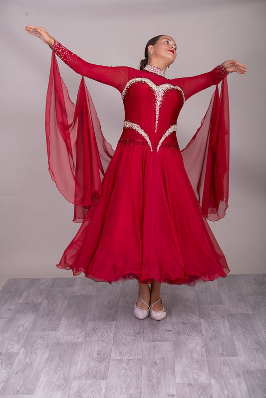 28B “TWD ELITE” New Fuller Skirts/Underskirts with flattering design in Red Heavily stoned Ballroom/Sequence Competition Dance Dress. Stoned in AB & Red, Detachable Floats. High back giving option to wear own Bra