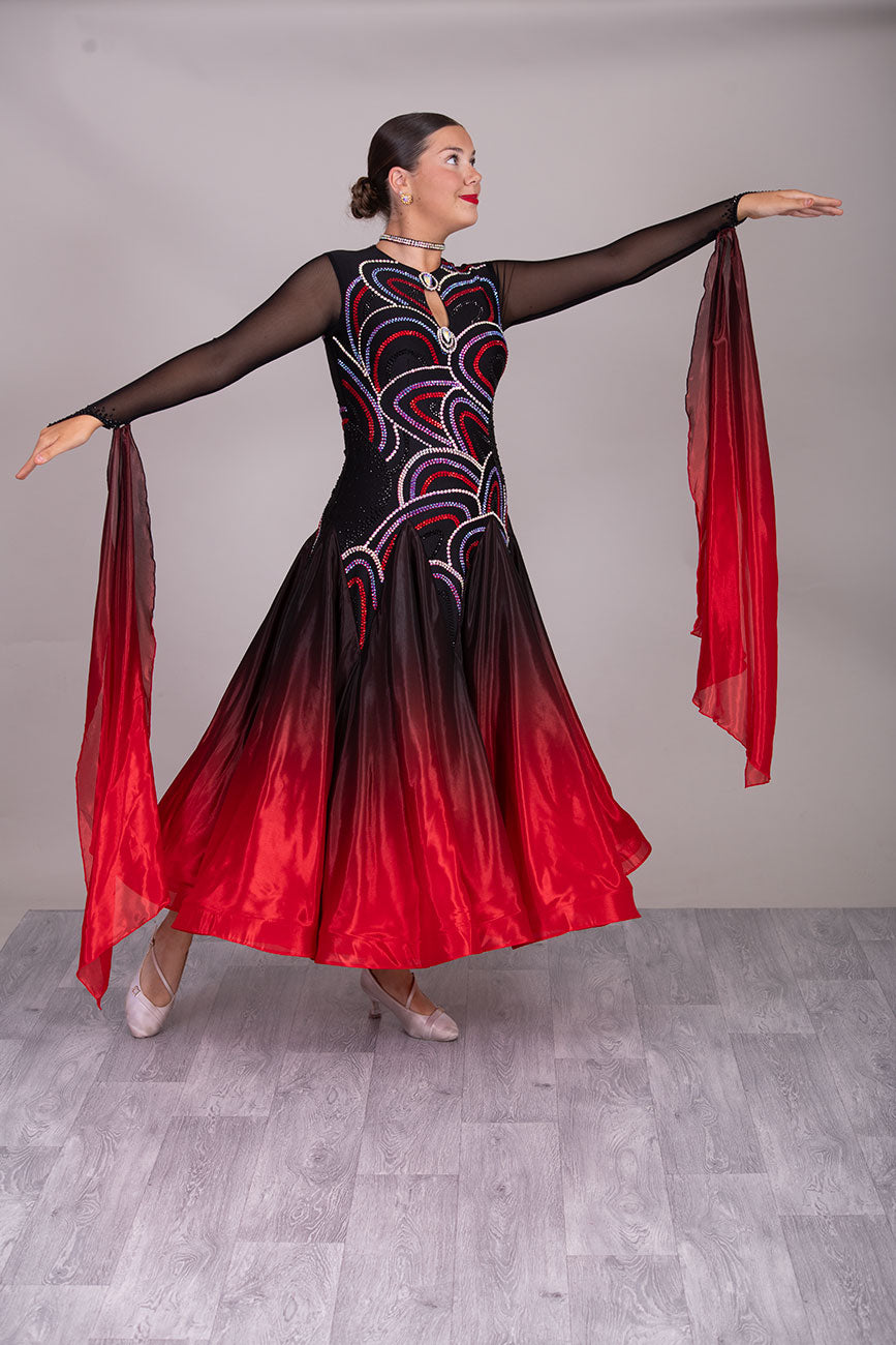 32B Black & Red Ombre Competition Ballroom/Sequence Dance Dress. Stoned in jet, AB, Siam & Light Siam. Very classy design giving full front & sleeve coverage and lovely back opening.