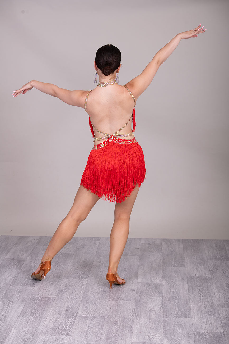 (BUDGET)17 Red Latin Competition Dance Dress.Full Fringed Skirts with shoulder & waist detailing.2 Bangles included.                                     *****Our New Budget Range are Bought in ready made Costumes, with some detail added by TWDance*****