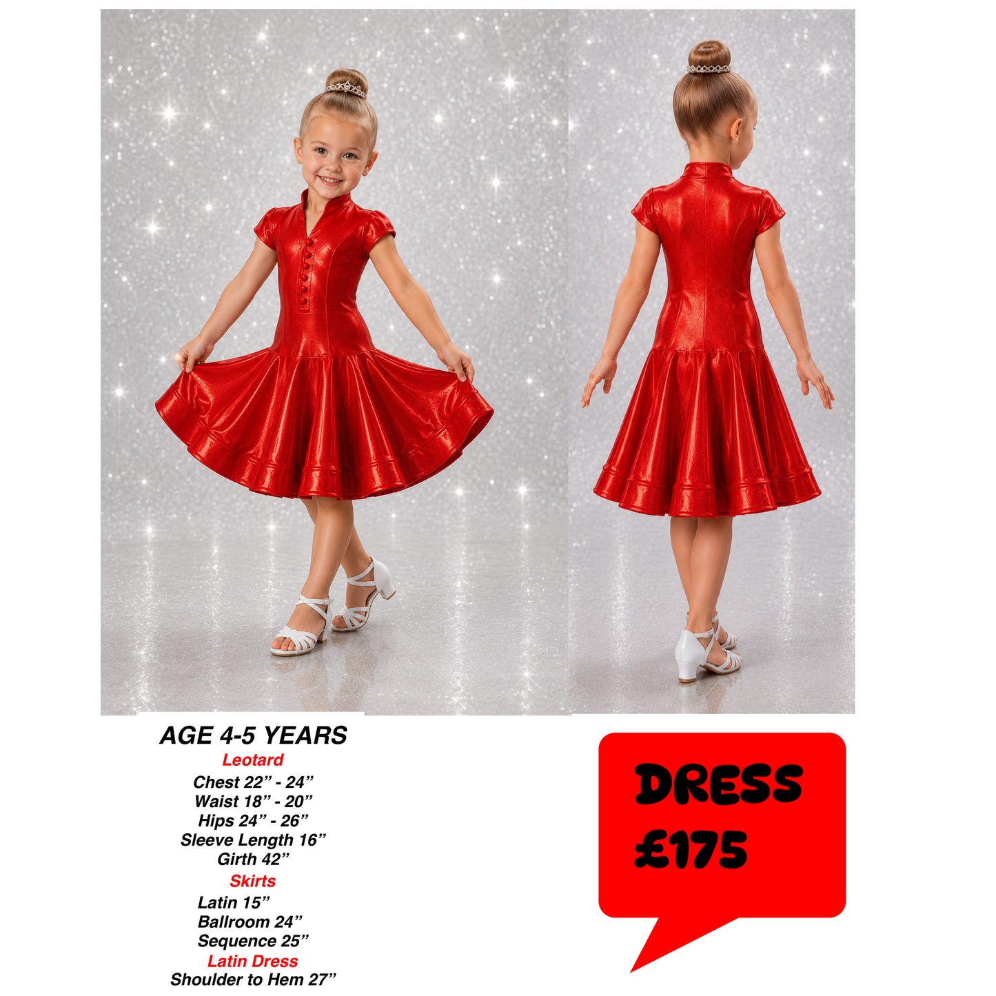 106J Metallic Red 1 Piece Latin Dress. Competition Number Wallet & Decorative Pins & Matching Hair Flower **Everything included in Price when full set purchased**