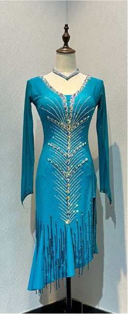 54L Striking Teal Competition Latin Dance Dress. Heavily stoned in AB & Teal. Split detail to one side. High back giving option to wear own bra. ❤️Showroom Appointments Available❤️