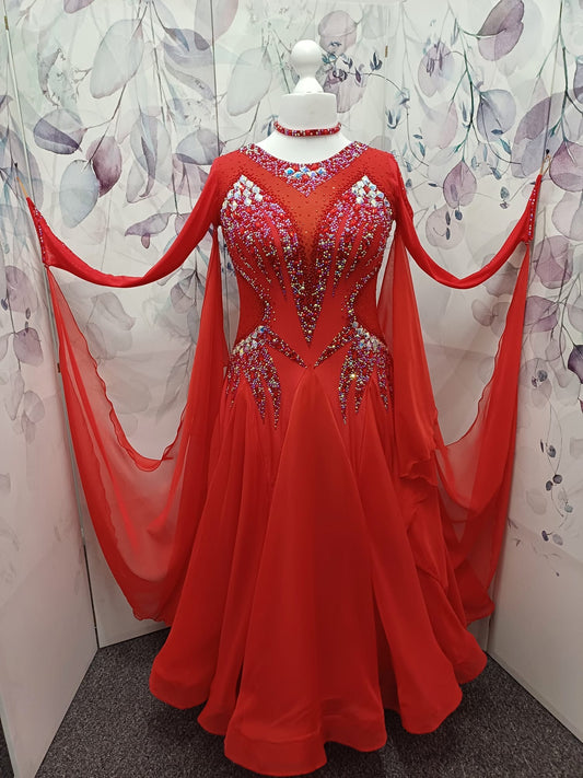 01150 Red Competition Ballroom Dance Dress. Stoned in Siam, Siam AB & AB. Detachable Floats