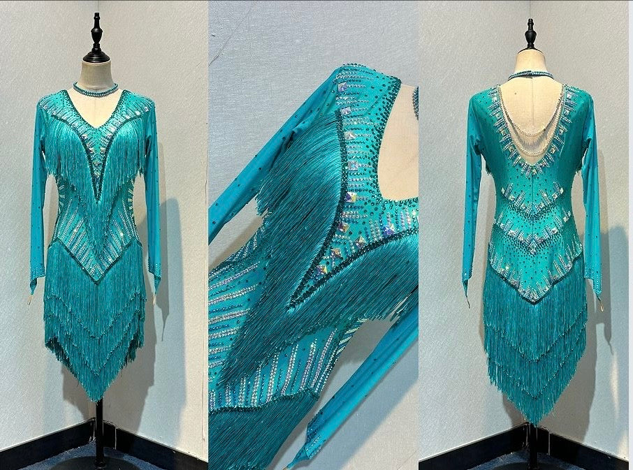 01180 Stunning pretty Green Competition Latin Dance Dress Heavily stoned in AB & Blue Zircon with high back to give option of wearing own Bra