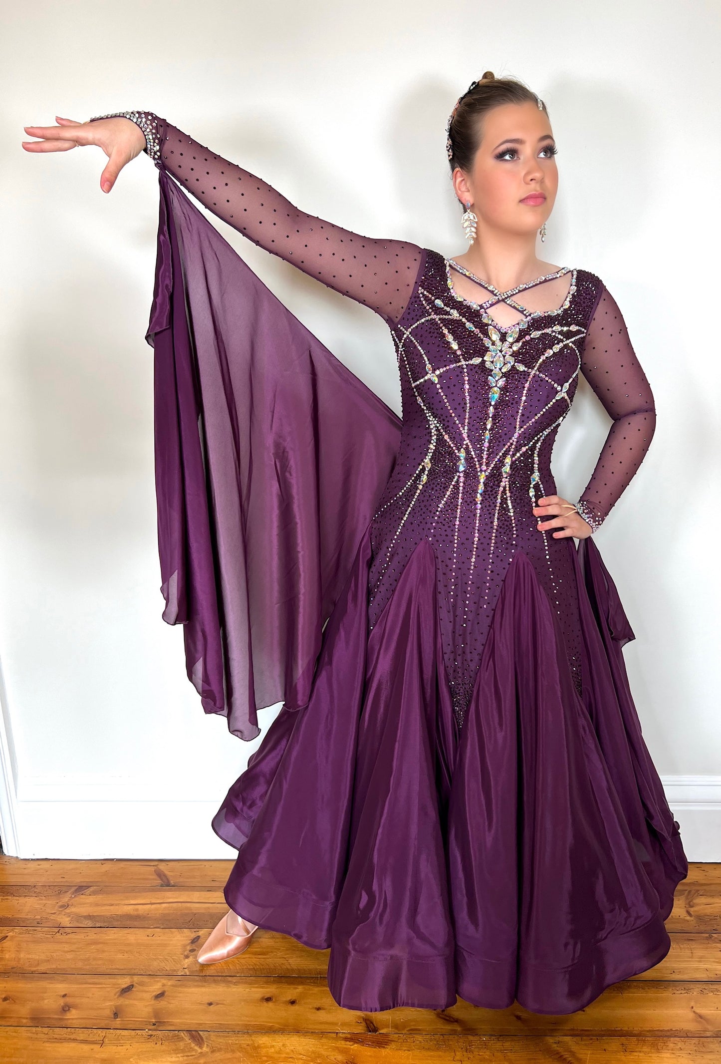 349 Plum Competition Ballroom Dance Dress. Stoned in AB with detailing to the front & back