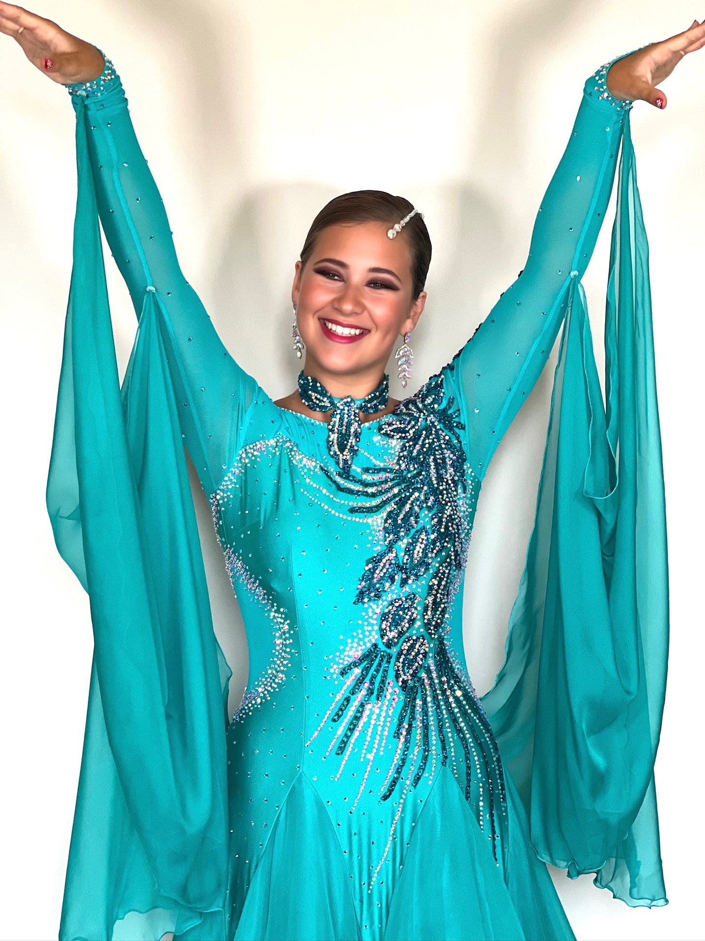 258 Deep Aqua Green Ballroom Dance Dress. Stoned in AB, Blue Zicron & Aquamarine. Detachable Floats