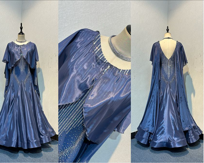 20B Blue/Grey/Steel Coloured Ballroom/Sequence Competition Dance Dress. Cape Detail to front & Shoulders. Stoned in Crystal & Blue Lotus Purple