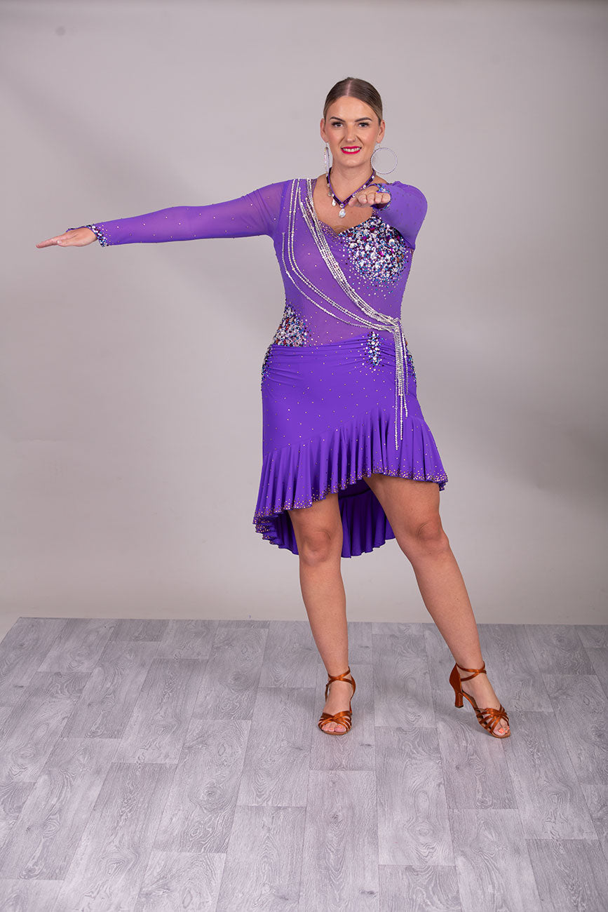 116L Stand Out Purple Competition Latin Dance Dress. Hanging strap detail to the front with stone detail in Purple velvet, AB & light amethyst AB.  High Back to give option of wearing own bra