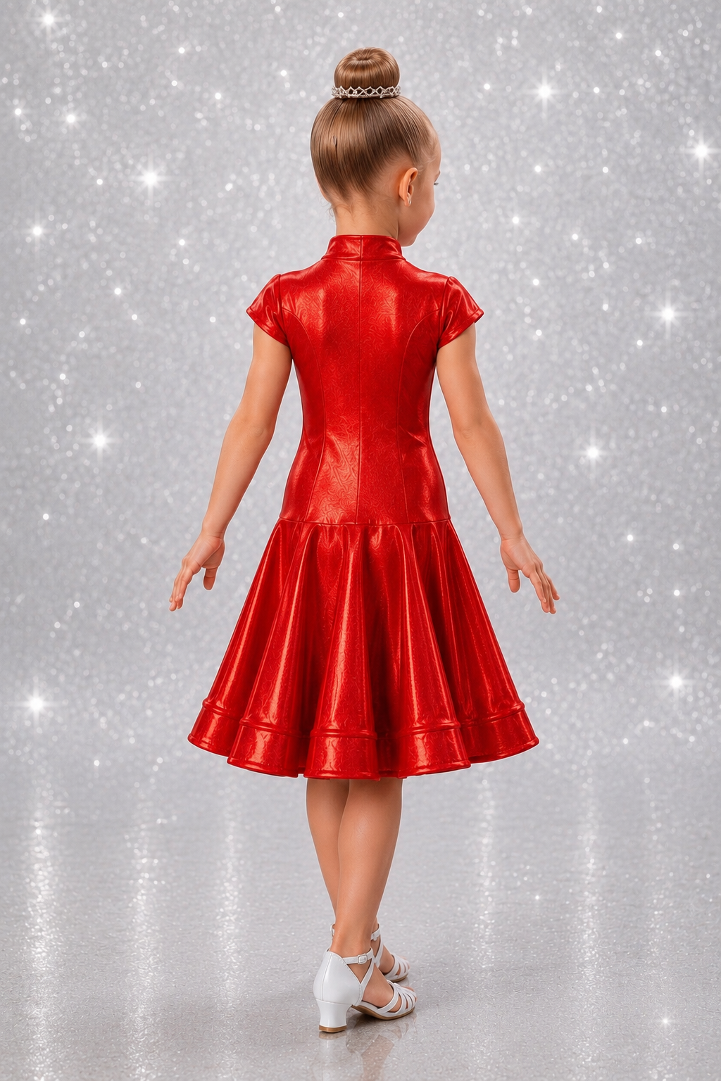 106J Metallic Red 1 Piece Latin Dress. Competition Number Wallet & Decorative Pins & Matching Hair Flower **Everything included in Price when full set purchased**