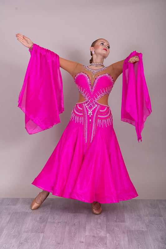 53B Cerise Pink & Tan Competition Ballroom Dance Dress. Stoned in Rose & AB with Pearls. Overall stunning design. ❤️Showroom Appointments Available❤️