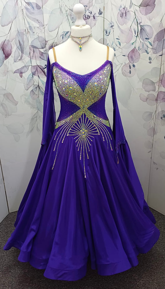 62B TWD ELITE & PETITE New fuller skirts. Purple Competition Ballroom/Sequence Competition dance dress. Heavily stoned in AB & Purple. Detachable floats.
