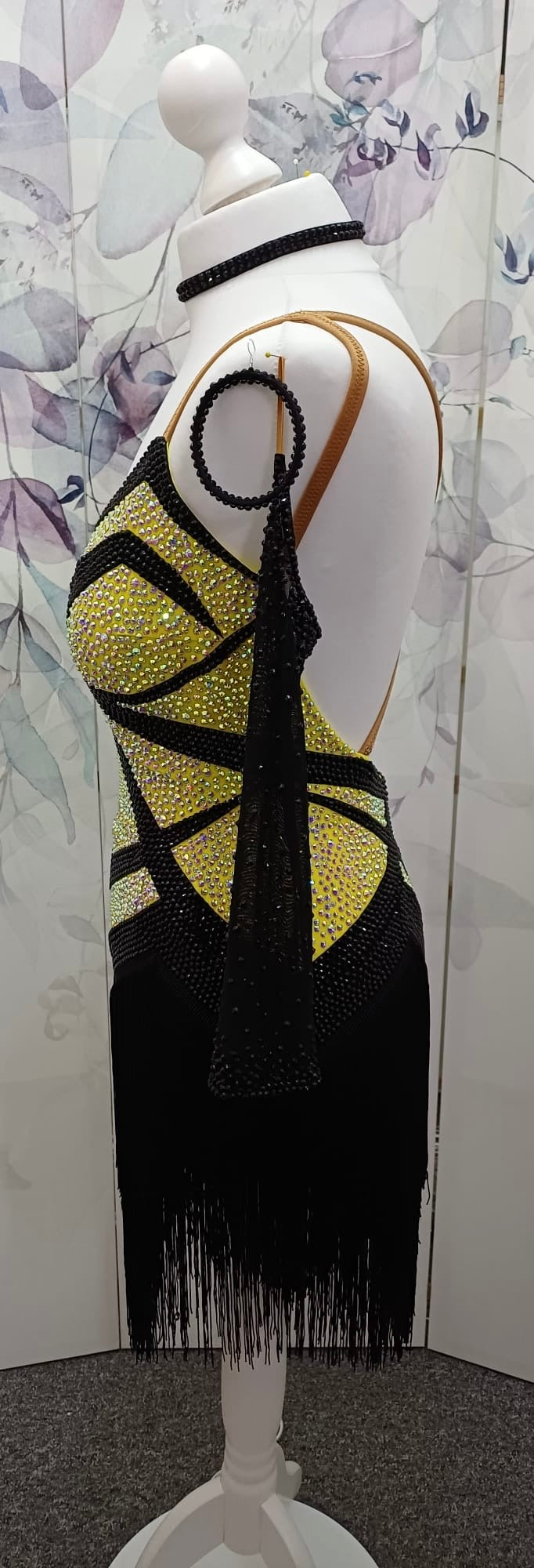51L Black & Sunshine Competition Latin Dance Dress. Heavily stoned in AB with full fringed skirts. Cones with separate gloves, earring & accessories. ❤️Showroom Appointments Available❤️
