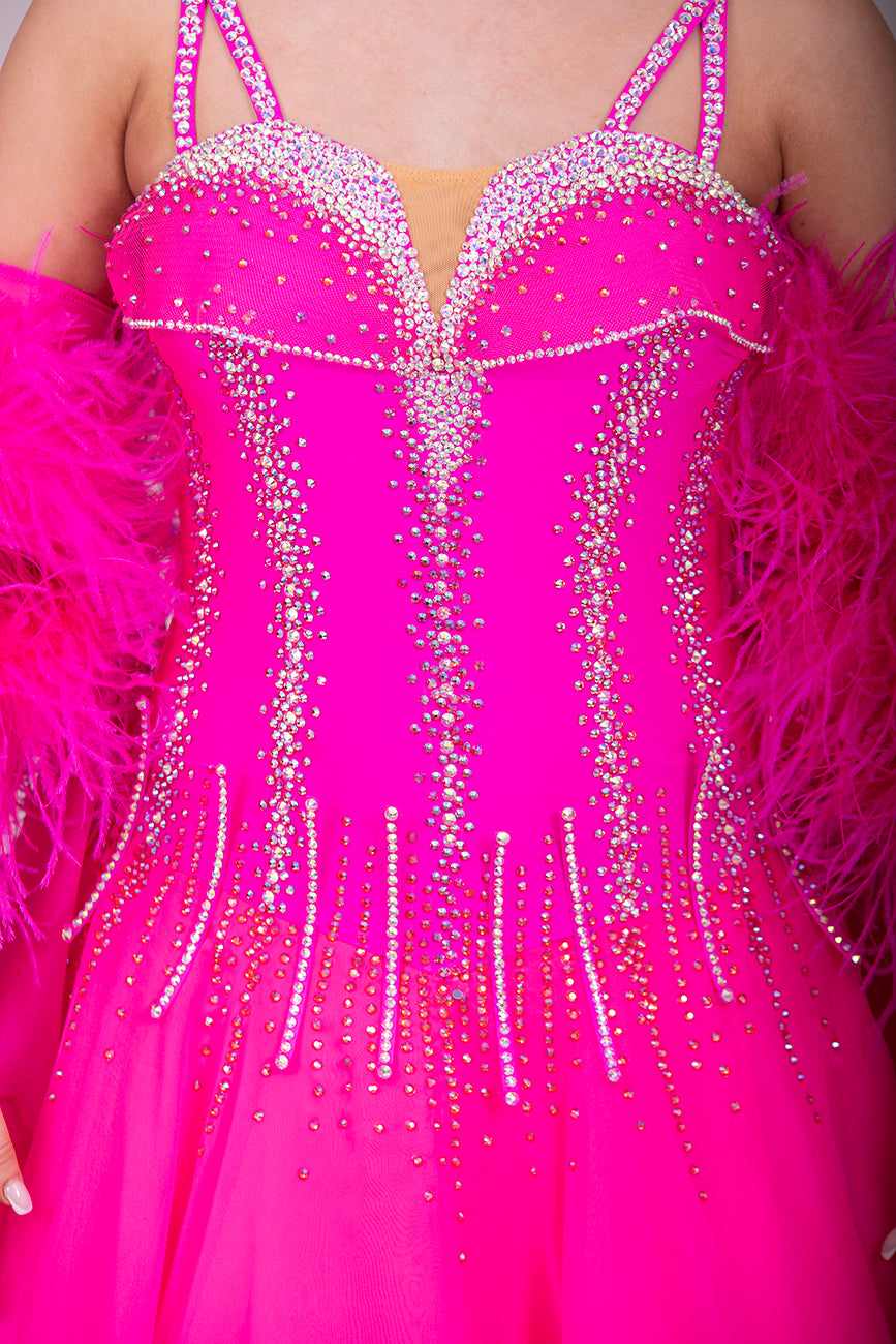 006 Cerise Pink Competition Ballroom/Sequence Dance dress. Comes with Gloves, Floats & Ostrich feathers. Stoned in AB, Rose & Rose AB. 3D detail to the waste.