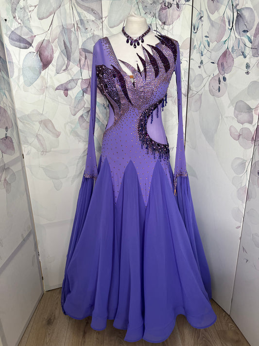 128 Lilac Ballroom Dress with detachable floats. Detailing to the front chest & Back stoned in Amethyst, Light Amethyst & Purple