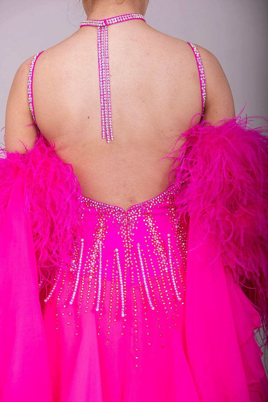 006 Cerise Pink Competition Ballroom/Sequence Dance dress. Comes with Gloves, Floats & Ostrich feathers. Stoned in AB, Rose & Rose AB. 3D detail to the waste.